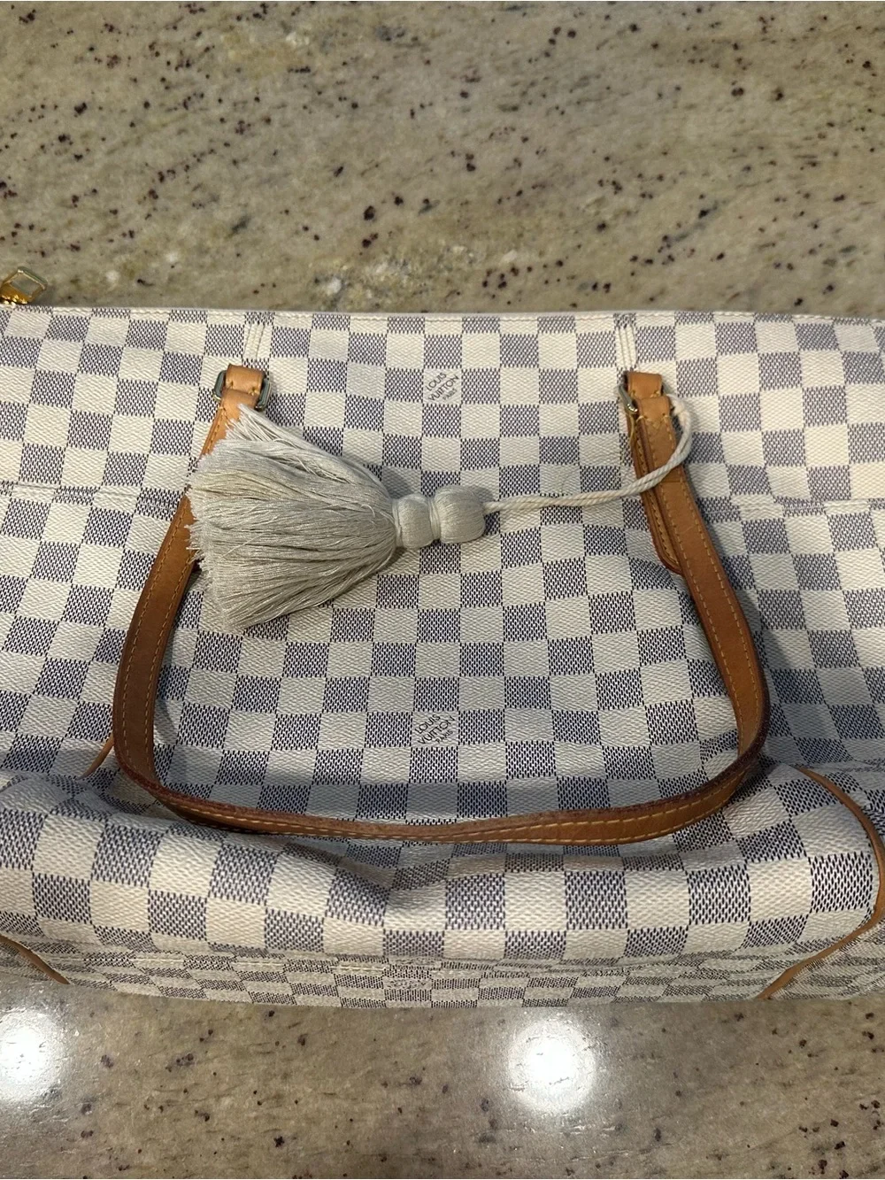 Louis Vuitton White Checkered Damier Azur Tote with Tan Leather Straps